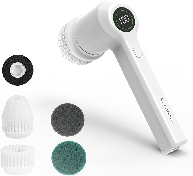 TILSWALL M4 Electric Spin Scrubber Cordless Power Scrubber Cleaning Brush with 2 Rotating Speeds and 6 Replaceable Brush Heads for Bathroom Shower Tub Kitchen Stove Tile Grout LED Display