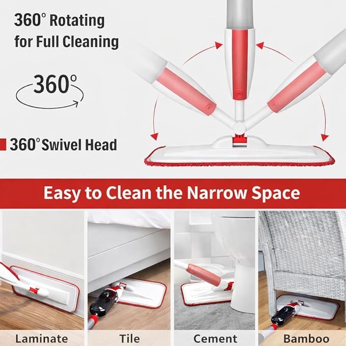 Spray Mop for Floor Cleaning with Refillable Bottle (14 oz) 3 Washable Microfiber Pads &amp Scraper – Lightweight 360° Rotating Mop No Batteries Streak-Free Cleaning for Hardwood Tile &amp Lamin