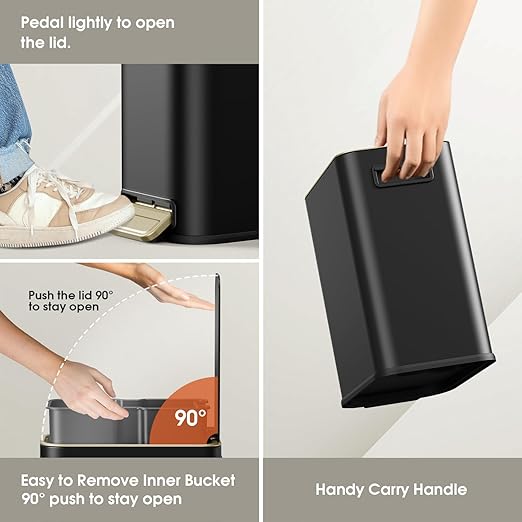 Small Bathroom Trash Can with Lid Soft Close 5L / 1.3 Gallon Slim Garbage Can with Removable Inner Bucket Step Stainless Steel Trash Bin for Office Bathrooms Bedroom Living Room (Black)
