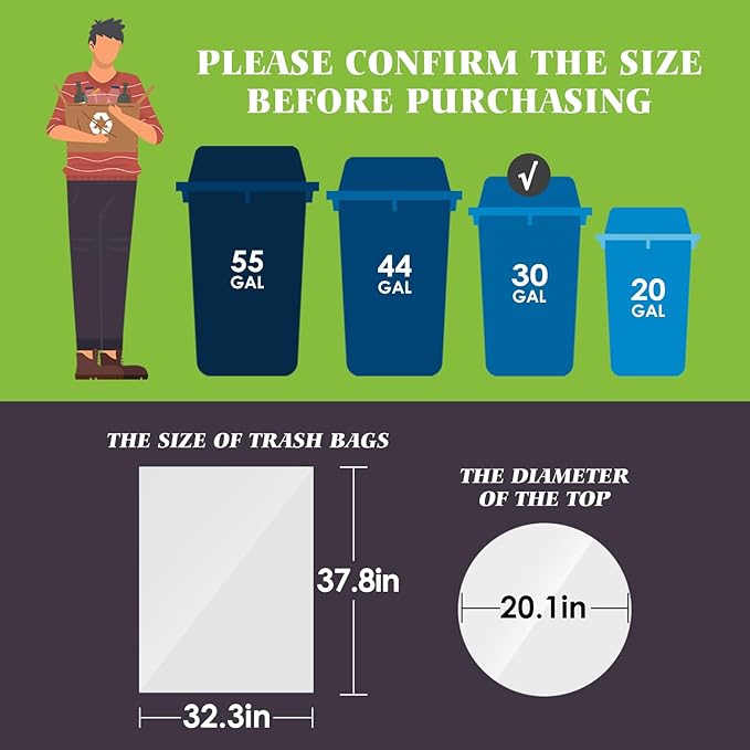 Teivio 30-33 Gallon 300 Counts Large Multipurpose Trash Bags Sturdy Garbage Bags30 Gal 31 Gal 32Gal 33 Gal 35 GalLeaf Bags Outdoor Commercial Trash Can Liner for Construction Sites(Clear)