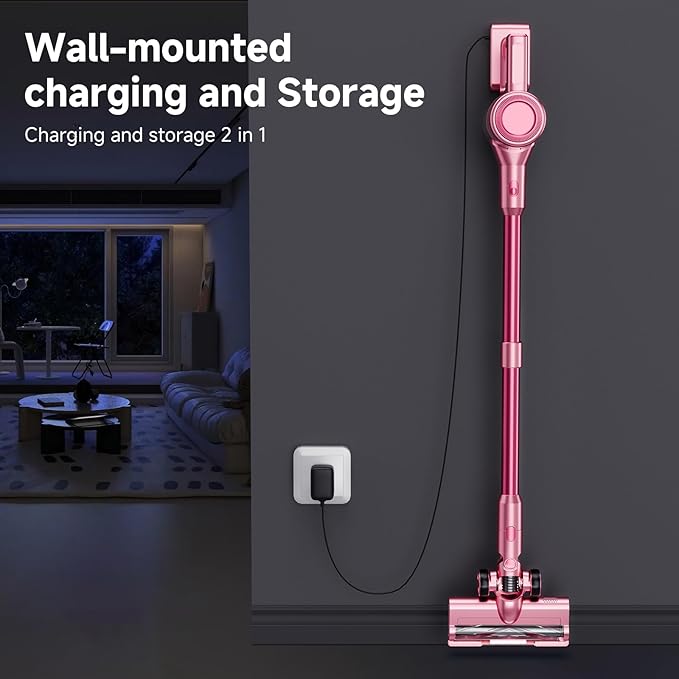 Cordless Vacuum Cleaner 8 in 1 40Kpa 55MinsLightweight Vacuum Cleaners for Home Stick Vacuum with Anti-Tangle BrushWall Mount Rechargeable Cordless Vacuum for Floor/Sofa/Pet HairPink
