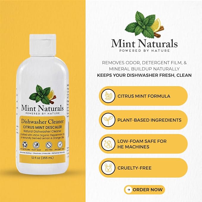 Natural Dishwasher Cleaner &amp Degreaser Liquid – USDA Organic Peppermint Oil Formula That Helps Remove Limescale Grease &amp Odor 12 oz – Made in USA by Mint Naturals