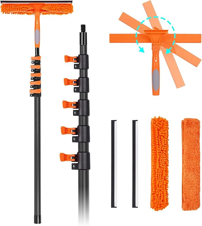 Window Washing Kit with Extension Pole 4.7 to 24FT Long Squeegee for Window Cleaning Indoor Outdoor Carbon Fiber Telescopic Pole for Window Cleaner Tool with Microfibre Pad &amp Chenille Cloth