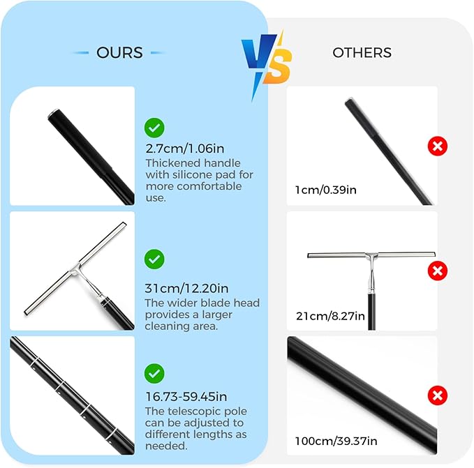 16.7“- 59.5 Long Handle Window Squeegee with Extension Pole 12.4 Wide Metal Shower Squeegee for Glass Doors 2-in-1 Squeegee for Home Window Cleaning Tile Wall Car (Silver)