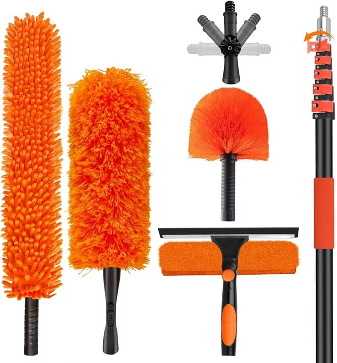 30FT High Reach Duster Cleaning Kit with 24FT Pole | 4-in-1 Tool Set with Universal Swivel Joint | High Ceiling Fan Cleaner Microfiber Duster &amp Window Squeegee for Safe High-Reach Cleaning