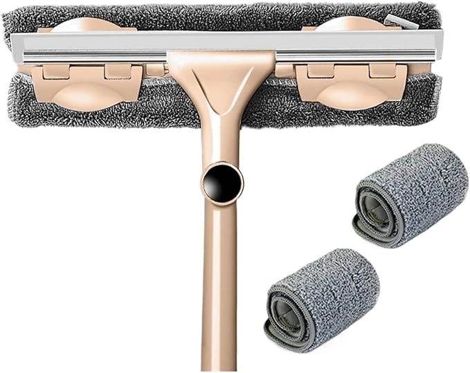 Telescopic Rod Glass Cleaning Mop – Long Handle Window Wiper &amp Washer Tool with Brush Head for Household Use(Khaki 1 mop 3 Cloth)