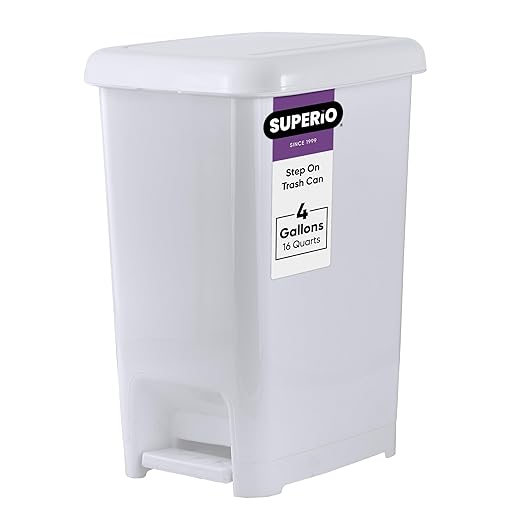 Superio Slim Trash Can with Foot Pedal – 4 Gallon Step-On Dustbin Small Plastic Garbage Can with Lid Trash Can for Bathroom Bedroom RV Kitchen Office Patio or Dorm – White Smoke