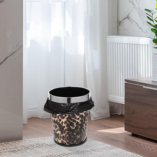 COHEALI Leopard Print Trash Can 5L Retro Stainless Steel Bathroom Wastebasket with Fixing Ring Small Garbage Can for Bedroom Office Kitchen Animal Print Decorative Waste Bucket 10.03x7.87in