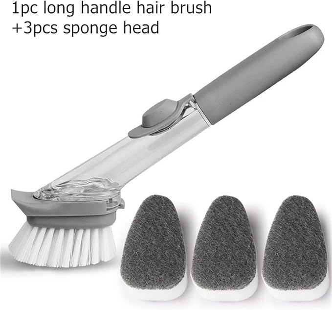 Refillable Liquid Cleaning Brush Kitchen Bowl Scrubber Cleaning Sponge Long Handle Dispenser Cleaner Tool With Dish Soap Washing(4)