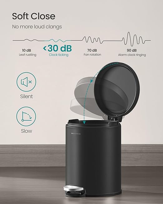 SONGMICS Bathroom Trash Can 1.6 Gallon (6 L) Small Toilet Garbage Bin with Lid Soft-Close Stainless Steel Pedal Inner Bucket Bedroom Ink Black ULTB016BZ01