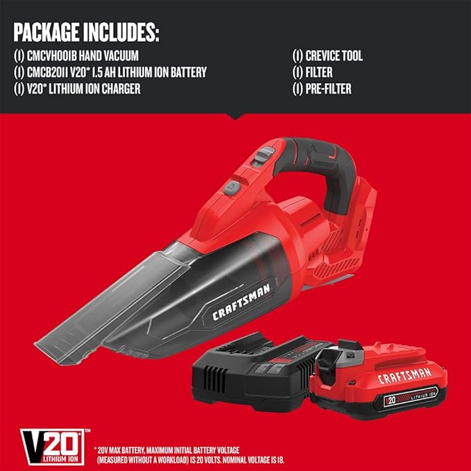 CRAFTSMAN V20 Cordless Hand Vacuum 45 CFM 2 Stage Filtration System with Filter Battery and Charger Included (CMCVH001C1)