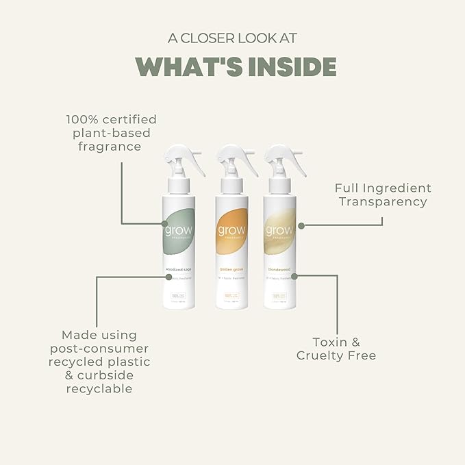 Grow Fragrance 100% Plant-Based Air Freshener Spray | Freshen Fabric &amp Rooms | Golden Grove Woodland Sage Blondewood Scents | Made with Natural Essential Oils - Variety 3 Pack 5 oz each