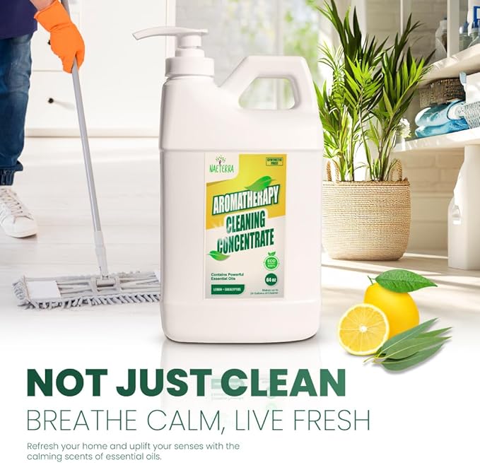 Naeterra Aromatherapy Cleaning Concentrate – Lemon &amp Eucalyptus | Ultra-Concentrated Plant-Based Household Cleaner | Half Gallon Makes 24 Gallons | Non-Toxic &amp Biodegradable