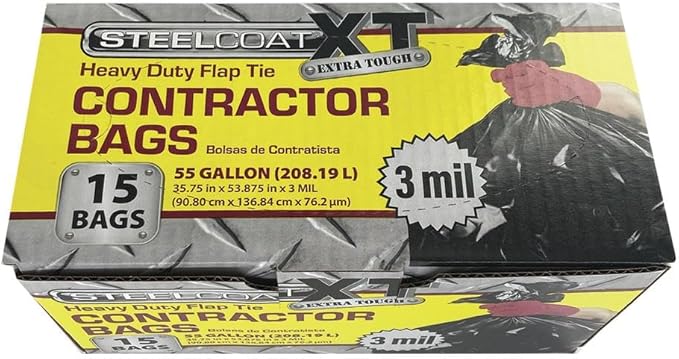 Steelcoat XL 55-Gallon Contractor Trash Bags – Extra Tough 3 Mil Heavy Duty Flap Tie – 15 Count Black – Made in USA