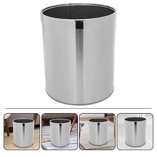 Alipis Stainless Steel Trash Bin Round Wastebasket Single Layer Kitchen Garbage Can Bathroom Litter Box for Home Use