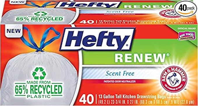 Hefty Renew Recycled Plastic Tall Kitchen Drawstring Trash Bags (13 Gallon 40 Count)