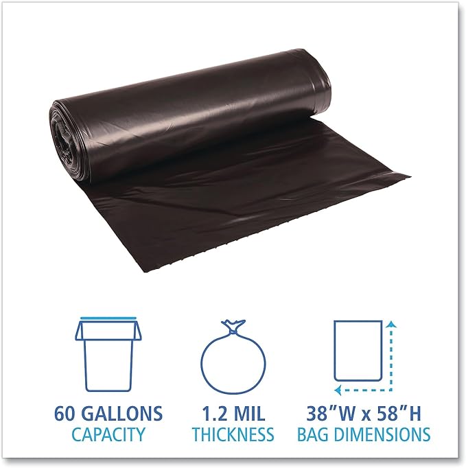 Boardwalk 519 SH-Grade Repro Can Liners 38x58 60gal 1.2mil Black 10 Bag/Roll 10 Roll/CT