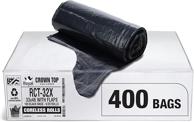Aluf Plastics Star Sealed Coreless Rolls with E-Z Tie Flap Closure 40-45 gal Polyethylene 33 x 46 Black (Pack of 400)