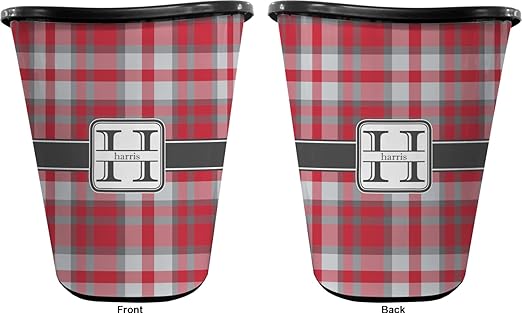 Personalized Red &amp Gray Plaid Waste Basket - Double Sided (Black)