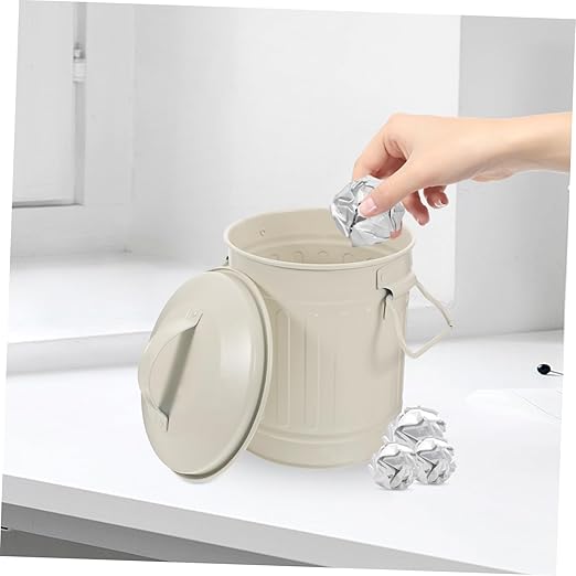 Elegant Vintage Iron Pen Holder Trash Can with Lid Small Compact Wastebasket for Desk Stylish Storage for Office Supplies and Easy to Clean