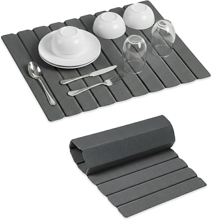 Large Stone Dish Drying Mat 24 x 16 – Quick Dry Diatomaceous Bath &amp Kitchen Mat with Non-Slip Base – Modern Absorbent Drying Pad for Plates Glassware &amp Bottles (Solid Dark Grey)