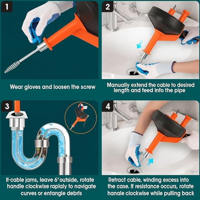 50 FT Drain Snake Hair Drain Clog Remover Manual Or Powered Plumbing Snake With Drill AdapteUnclog Sink Drain Tool Drain Auger for Toilet、Shower、Kitchen、Sink No Auto Retract Or Feed Orange