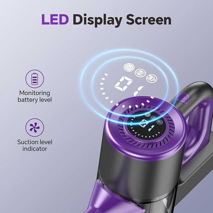 Cordless Vacuum Cleaner Powerful Suction Vacuum Cleaners for Home Stick Vacuum Cordless Rechargeable with LED Screen and 3-Speed Suction Lightweight Handheld Vacuum for Pet Hair Hard Floor Carpet