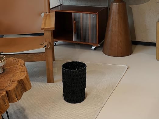 Wicker Trash CanSmall Trash CanHandwoven Waterproof Wicker Trash BasketRound Garbage CanCompact Waste Basket for BathroomBedroomOffice2 Gallon Black