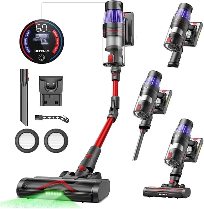 Ultenic Cordless Vacuum Cleaner 600W 55Kpa 60Mins Vacuum Cleaners for Home with 180°Bendable Wand Anti-Tangle Brush Charging Dock Stick Vacuum Cordless for Pet Hair/Carpet/Floor/Car