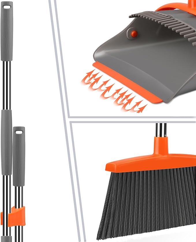 Broom and Dustpan Set for Home Broom and Dustpan Combo for Office Long Handle Broom with Upright Standing Dust panIndoor&ampOutdoor Sweeping (Gray&ampOrange)