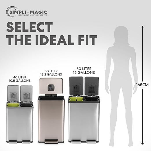 Simpli-Magic 13.2 Gallon (50L) Step Trash Can – Kitchen Garbage Can with Slow-Close Lid – Odor Control Hands-Free Easy to Clean Brushed Stainless Steel (Rose Gold)