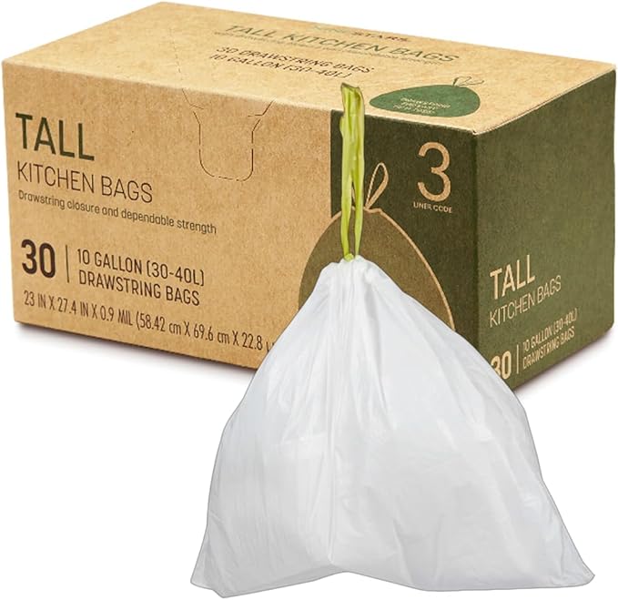 Trash Bags 30 Count White Drawstring Waste Bags | Leak-Resistant Tear-Resistant Unscented | For Bathroom Office Bedroom Bins(23.6×27.3in)
