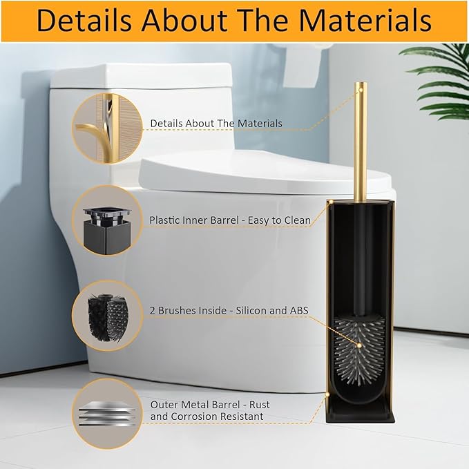 BGL Standing Toilet Brush and Holder Brushed Gold Aluminium Toilet Bowl Cleaner Brush and Holder for Bathroom Storage and Organization Square Design Sturdy and Space Saving