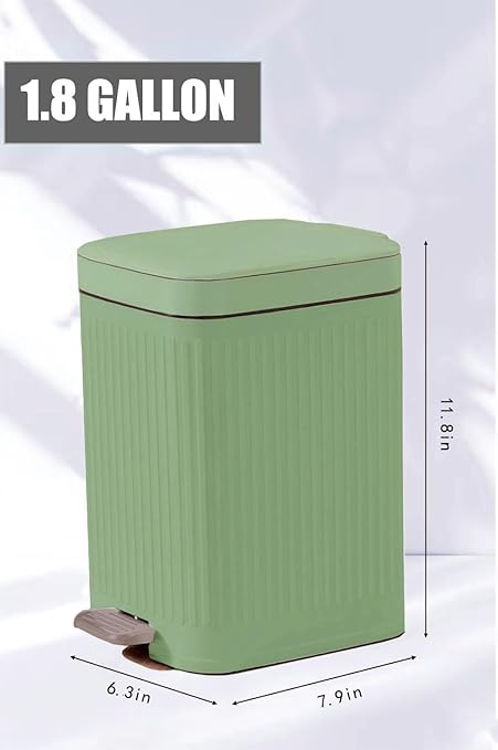 Feisco Small Trash Can with LidSmall Bathroom Trash Can with Foot Pedal and Press Type LidSlim Step-On Trash Bin Wastebasket Garbage Can for KitchenBathroom Office Bedroom (Green 1.8 Gallon)