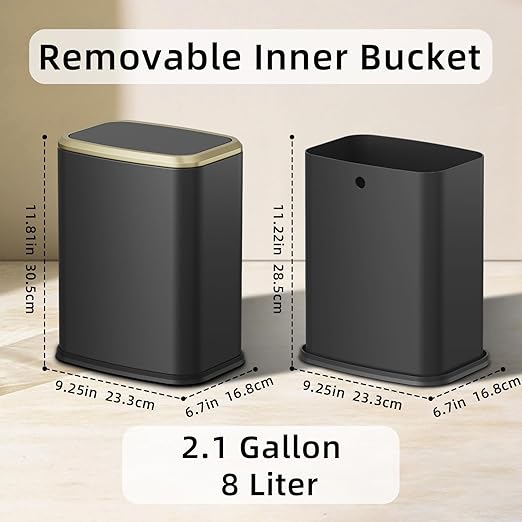 8L/2.1 Gallon Small Bathroom Trash Can with Lid Swing-Top Rectangular Waste Bin Stainless Steel Garbage Can for Home Office Toilet Bedroom Living-Room (Black)