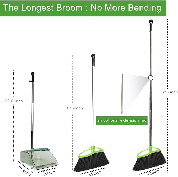 Soft Bristles Green Angle Broom and Dustpan Set Long Handle Household Indoor Broom with Dustpan Combo Set for Room Kitchen Lobby Office Hardwood Floor Sweeping Floor Cleaning