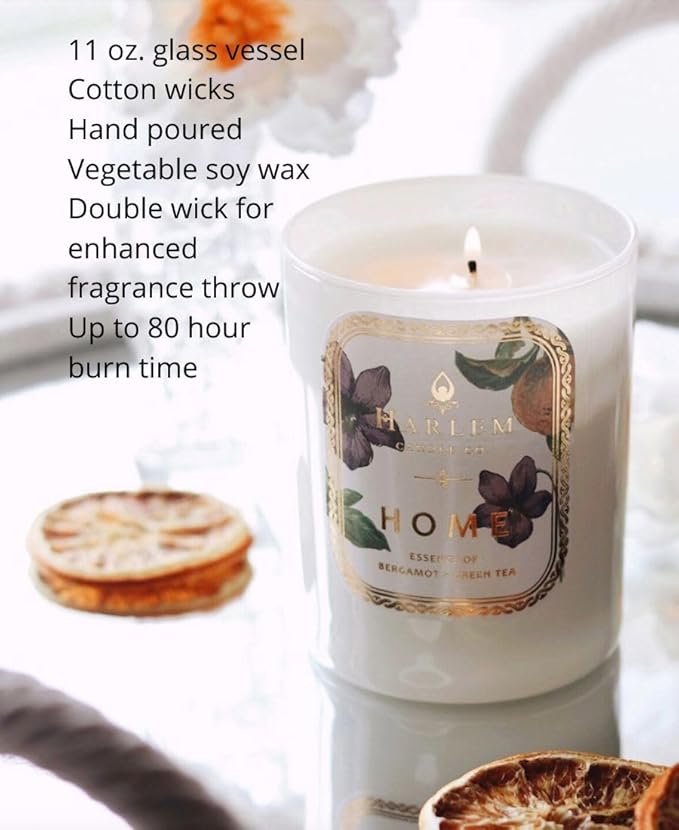 HARLEM CANDLE CO. Home - Luxury Scented Soy Candle 11 oz - 80-Hour Burn Time | Bergamot Jasmine Sandalwood Mandarin Orange and Green Tea Leaves | Scented Candles for Home