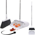 Heavy Duty Broom and Standing Dustpan Combo Set Rotatable Head Dust Pan and Brush Set with Collapsible Handle Cleaning Teeth Hanging Loop Ideal for Pets RV Kitchen Camping Outdoor Floor White