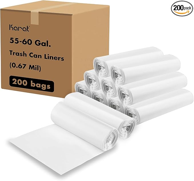 Karat Trash Bags [55-60 Gal - 200 pc] | 17 Microns | Clear High Density Garbage Can Liners | 38 x 60