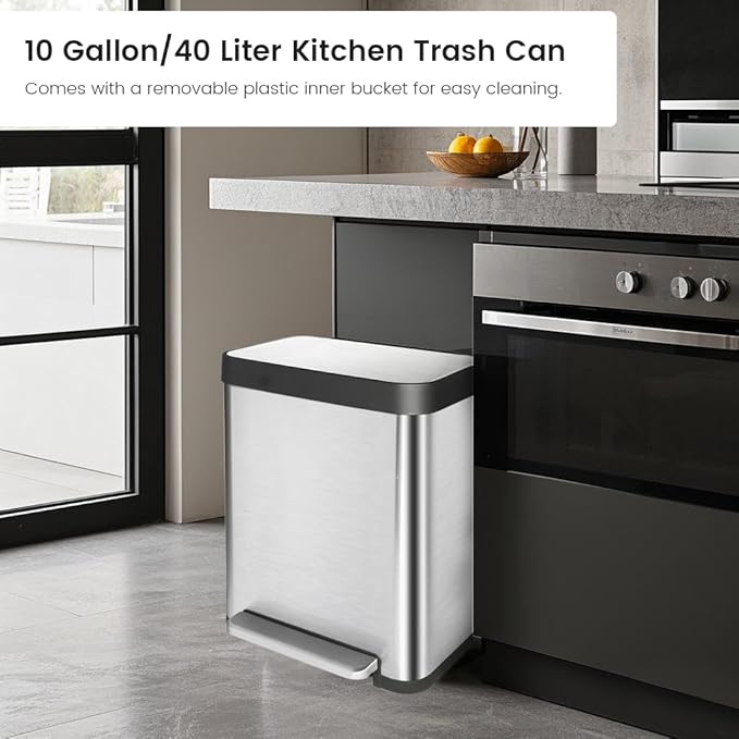 10 Gallon Ktichen Trash Can with Lid Stainless Steel Trash Can with Removable Inner Bucket Soft Close Lid Step-On Pedal Bin for Kitchen Office Bathroom