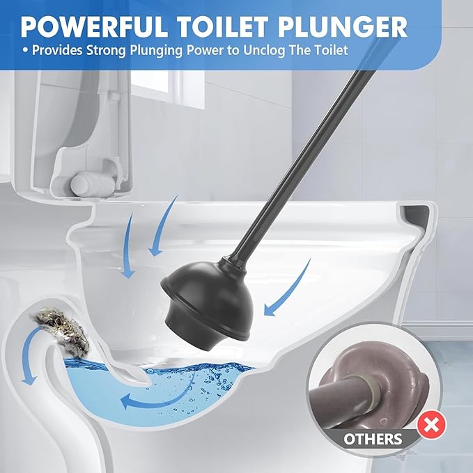 Toilet Plunger and Brush 2 Pack Bowl Brush and Heavy Duty Toilet Plunger Set with Ventilated Holder 2-in-1 Toilet Brush and Plunger Combo for Bathroom Cleaning (Black)