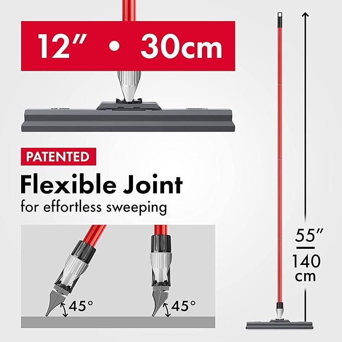 Silicone Floor Squeegee with 55-Inch Long Handle 12-Inch Single Cast Silicone Blade 360° Swivel Joint - Multifunction Floor Squeegee for Garage Concrete Floor Shower Floor Glass Windows