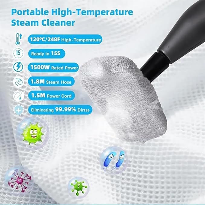 Handheld Steam Cleaner High-temperature and High-pressure Steam Cleaning Machine 15+S Instant Heating 1200ML Water Tank with 8 Pcs Accessories for Kitchen Home Furniture and Car