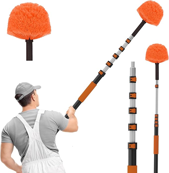 30FT Reach Cobweb Duster with Extension Pole High Ceiling Long Duster with 5-24FT Telescoping Pole Spider Web Brush for Indoor Outdoor Use