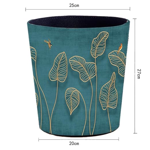 10L/2.64 Gallon Trash Can Decorative Waste Basket PU Leather Waste Paper Basket Waterproof Garbage Can for Bathroom Bedroom Office Kitchen and Living Room - Golden Leaves
