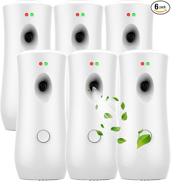 Automatic Air Freshener Spray Dispenser (6-Pack) Free Standing or Wall Mounted Adjustable Aromatherapy Machines for Home Indoor Bathrooms Offices Hotels and Commercial Places (White 001)