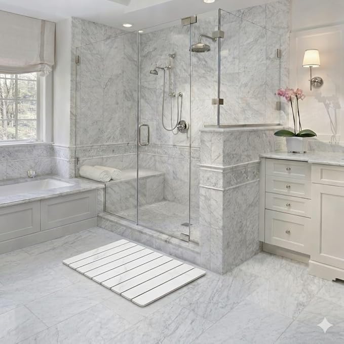 Premium Foldable Stone Bath Mat - Ultra Absorbent Quick Drying Compact Easy to Store &amp Clean Non-Slip Diatomaceous Earth Bath Shower Mat (Marble White)