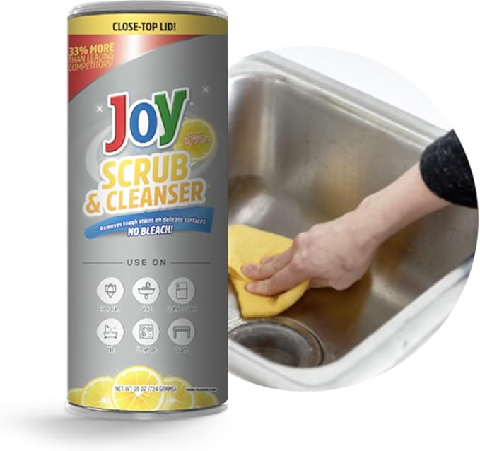 Joy Scrub Powder Cleanser Removes Tough Stains Water Marks Grime and Soap Scum 28 Oz Canisters (Pack of 2) bundled with Microfiber Cloth