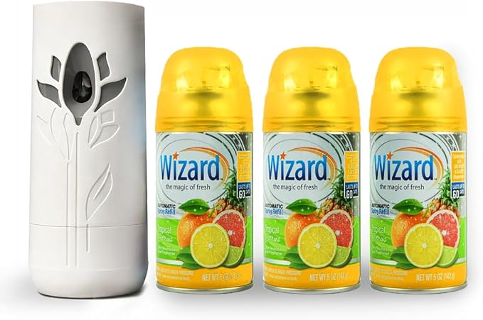 Wizard Automatic Spray Refill and Holder Kit Air Freshener for Home and Bathroom Tropical Citrus 5 Oz3 Count