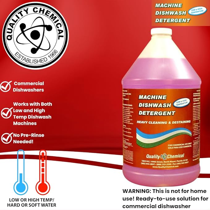 Quality Chemical Heavy Duty Liquid Alkaline Commercial Dishwasher Detergent - Industrial-Grade Formula Dissolves Food Stains Grease Grime and Residue - No Pre-Rinse Needed - Ready-to-Use 128oz
